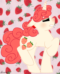 Size: 588x722 | Tagged: safe, artist:kharmacal, oc, oc only, oc:sassy strawberry, pony, unicorn, food, horn, solo, strawberry