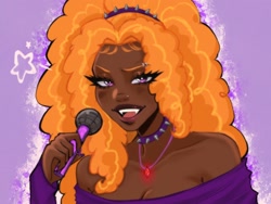 Size: 2160x1620 | Tagged: safe, artist:serawtf21, adagio dazzle, human, rainbow rocks 10th anniversary, g4, bedroom eyes, choker, clothes, dark skin, eyebrow piercing, fangs, female, gem, hairband, humanized, microphone, nail polish, nose piercing, nose ring, open mouth, piercing, purple background, shirt, simple background, siren gem, solo, spiked choker