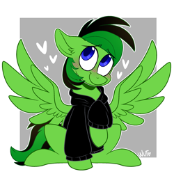 Size: 2048x2048 | Tagged: safe, artist:wutanimations, oc, oc only, oc:ground writer, pegasus, pony, black hoodie, blushing, clothes, hoodie, passepartout, signature, sitting, smiling