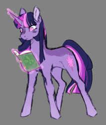 Size: 799x941 | Tagged: safe, artist:mysticalite, twilight sparkle, pony, unicorn, g4, book, female, gray background, horn, mare, simple background, solo, unicorn twilight