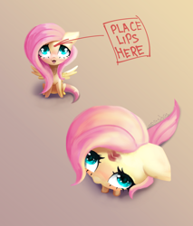 Size: 4000x4700 | Tagged: safe, artist:anastas, fluttershy, pegasus, pony, g4, blushing, chibi, cute, eyelashes, female, floppy ears, gradient background, kiss mark, lipstick, mare, open mouth, shyabetes, solo, spread wings, sternocleidomastoid, text, wings, ych example