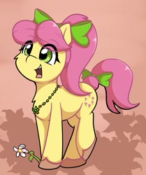 Size: 1483x1773 | Tagged: safe, artist:taurson, posey bloom, earth pony, pony, g5, abstract background, adoraposey, bow, cute, female, flower, happy, jewelry, mare, necklace, open mouth, open smile, ponytail, smiling, solo, tail, tail bow