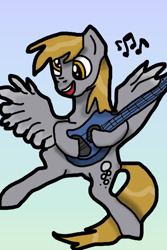 Size: 512x768 | Tagged: safe, artist:background_pon3, derpy hooves, pegasus, pony, rainbow rocks 10th anniversary, g4, derp, female, gradient background, guitar, mare, music notes, musical instrument, playing guitar, solo, wings