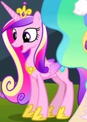 Size: 239x334 | Tagged: safe, screencap, princess cadance, princess celestia, alicorn, equestria games, g4, concave belly, cropped, crown, hoof shoes, jewelry, offscreen character, open mouth, peytral, regalia, slender, solo focus, standing, thin