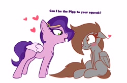 Size: 4096x2711 | Tagged: safe, artist:nevaylin, pipp petals, oc, oc:nevaylin, pegasus, pony, g5, blushing, canon x oc, dialogue, duo, duo female, female, flustered, heart, lesbian, looking at each other, looking at someone, mare, simple background, white background