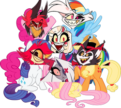 Size: 4651x4155 | Tagged: safe, artist:gab_eka(gabyshevakata), edit, applejack, fluttershy, pinkie pie, rainbow dash, rarity, twilight sparkle, g4, 1000 years in photoshop, alastor, angel dust (hazbin hotel), charlie morningstar, crossover, hazbin hotel, hellaverse, husk (hazbin hotel), mane six, mane six opening poses, niffty, peak, peak derpiposting, photoshop, vaggie