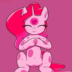 Size: 2000x2000 | Tagged: safe, artist:bestponies, oc, oc only, oc:gum heart, goo, goo pony, monster pony, original species, eyes closed, female, looking at you, mare, simple background, sitting, smiling, smiling at you, solo