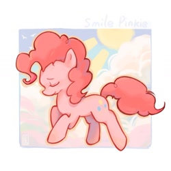 Size: 1553x1553 | Tagged: safe, artist:xinjinjumin3745912, artist:二九三拾, pinkie pie, earth pony, pony, g4, cloud, cute, diapinkes, eyes closed, female, mare, passepartout, smiling, solo, sun, text