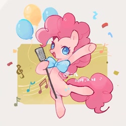 Size: 826x826 | Tagged: safe, artist:二九三拾, pinkie pie, earth pony, pony, g4, :d, abstract background, bipedal, bowtie, confetti, cute, diapinkes, female, filly, foal, microphone, music notes, necktie, open mouth, open smile, smiling, solo