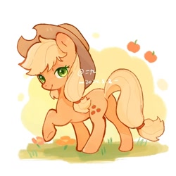 Size: 826x826 | Tagged: safe, artist:二九三拾, applejack, earth pony, pony, g4, apple, applebutt, butt, cute, female, food, grass, hat, jackabetes, looking at you, mare, plot, raised hoof, solo