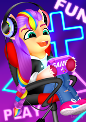 Size: 2480x3508 | Tagged: safe, artist:leonkay, sunny starscout, pony, g5, clothes, game boy, gamer sunny starscout, gradient background, headphones, mane stripe sunny, solo, video game console