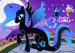 Size: 1280x906 | Tagged: safe, artist:vi45, discord, nightmare moon, oc, draconequus, g4, balcony, fusion, fusion:discord, fusion:nightmare moon, moon, outdoors