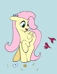 Size: 985x1279 | Tagged: safe, artist:marrsund, fluttershy, bird, pegasus, g4, flower, flower in hair, raised hoof, smiling