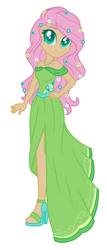 Size: 1000x2328 | Tagged: safe, artist:emmakkkkk, artist:mint-light, fluttershy, human, g4, alternate hairstyle, bare shoulders, base used, blue eyes, clothes, cute, dress, feet, female, flower, flower in hair, gala dress, humanized, jewelry, necklace, sandals, shyabetes, simple background, solo, white background