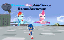 Size: 1920x1200 | Tagged: safe, artist:puzzlshield2, rainbow dash, zipp storm, hedgehog, human, pegasus, pony, fanfic:rainbow zipp and sonic's racing adventure, g4, g5, 3d, crossover, doctor eggman, egg mobile, fanfic, fanfic art, female, fimfiction, fimfiction.net link, flying, male, mmd, outdoors, racing, render, running, sonic the hedgehog, sonic the hedgehog (film), sonic the hedgehog (series), trio, zipp and her heroine