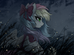 Size: 3200x2380 | Tagged: safe, artist:hakaina, oc, oc only, oc:blazey sketch, pegasus, pony, bow, clothes, gray coat, green eyes, hair bow, multicolored hair, outdoors, sad, solo, sweater