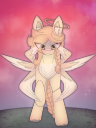 Size: 2664x3551 | Tagged: safe, artist:sodapop sprays, oc, oc only, oc:sonata sprays, angel, pony, seraph, braid, chest fluff, ear fluff, eye clipping through hair, halo, looking at you, multiple wings, solo, wings