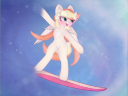 Size: 2664x1996 | Tagged: safe, artist:sodapop sprays, oc, oc only, oc:sodapop sprays, pegasus, pony, semi-anthro, :d, bipedal, chest fluff, ear fluff, eye clipping through hair, ocean, open mouth, open smile, smiling, solo, surfboard, surfing, water