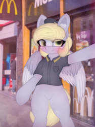 Size: 2664x3551 | Tagged: safe, artist:sodapop sprays, derpy hooves, pegasus, pony, series:derpy can't catch a break, g4, bipedal, clothes, female, freckles, looking at you, mare, mcdonald's, selfie, solo, spread wings, uniform, wings