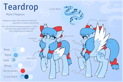 Size: 6000x4000 | Tagged: safe, artist:shad0w-galaxy, oc, oc only, oc:teardrop, pegasus, pony, :p, bow, cheek fluff, chest fluff, colored wings, commission, cutie mark, ear fluff, female, freckles, hair bow, hooves, looking at you, mare, raised hoof, reference sheet, smiling, solo, spread wings, tail, tail bow, text, tongue out, two toned wings, unshorn fetlocks, wings