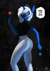 Size: 1640x2360 | Tagged: safe, artist:delta hronum, princess luna, alicorn, anthro, g4, crossover, jujutsu kaisen, large butt, looking at you, meme, nah i'd win, speech bubble, stars, text, white hair