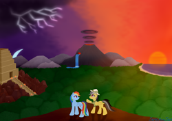 Size: 3508x2480 | Tagged: safe, artist:samenandsam, daring do, rainbow dash, pegasus, pony, g4, clothes, duo, duo female, female, fire, high res, lightning, looking at someone, looking at something, mare, moon, mountain, raised hoof, smiling, stormcloud, sun, temple, tree, underhoof, volcano, water, waterfall