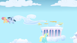 Size: 1366x768 | Tagged: safe, screencap, dizzy twister, orange swirl, sassaflash, time flies, pegasus, pony, g4, my little pony: friendship is magic, sonic rainboom (episode), cloudsdale, flying