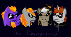 Size: 756x400 | Tagged: safe, artist:samaerro, oc, oc only, oc:fegasus, oc:n.c., oc:rosik, oc:samaerro, earth pony, parasprite, pegasus, pony, unicorn, black background, bust, earth pony oc, group, horn, looking at you, male, male oc, oekaki, pegasus oc, portrait, quartet, simple background, spread wings, stallion, stallion oc, sunglasses, unicorn oc, wings