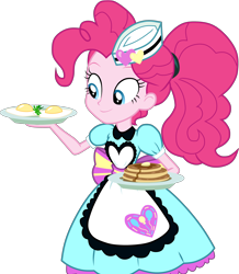 Size: 3700x4250 | Tagged: safe, artist:octosquish7260, pinkie pie, human, equestria girls, g4, apron, clothes, egg (food), female, food, fried egg, hat, pancakes, plate, ponytail, server pinkie pie, simple background, skirt, solo, transparent background, waitress