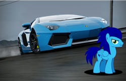 Size: 1114x717 | Tagged: safe, artist:sonicstreak5344, oc, oc only, pegasus, g4, blue, car, crossover, drifting, epic pose, hot wheels, hot wheels acceleracers, lamborghini, lamborghini aventador, need for speed, need for speed hot pursuit remastered, smoke, solo, sonic the hedgehog, sonic the hedgehog (series), supercar