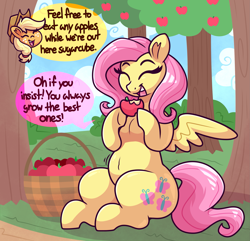 Size: 2479x2394 | Tagged: safe, artist:graphenescloset, applejack, fluttershy, earth pony, pegasus, pony, series:fattybatty, g4, apple, apple tree, chubby, dialogue, duo, duo female, female, food, incentive drive, outdoors, this will end in weight gain, tree, weight gain sequence