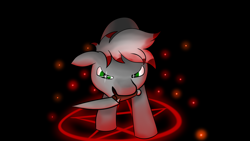 Size: 1920x1080 | Tagged: safe, artist:synaks, oc, oc only, oc:silver verge, pegasus, pony, black background, floppy ears, green eyes, knife, looking at you, pentagram, simple background