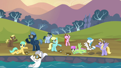 Size: 1280x720 | Tagged: safe, screencap, buddy, cloud kicker, compass star, great scott (g4), jetstream, lightning bolt, merry may, sassaflash, star hunter, sunshower raindrops, time flies, white lightning, pegasus, pony, g4, hurricane fluttershy, outdoors