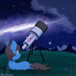 Size: 3000x3000 | Tagged: safe, artist:juniverse, oc, oc only, oc:arch kernel, earth pony, looking at the stars, looking up, male, nebula, night, night sky, outdoors, sky, solo, stargazing, stars, telescope