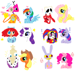 Size: 874x834 | Tagged: safe, artist:moondeer1616, applejack, fluttershy, pinkie pie, rainbow dash, rarity, twilight sparkle, earth pony, pegasus, unicorn, g4, ambiguous gender, animal, chess piece, crossover, emanata, exclamation point, female, gangle, group, heart, horn, jax (tadc), kinger, living toy, male, mane six, mare, ms paint, pomni, question mark, ragatha, sextet, simple background, stars, surprised, the amazing digital circus, toy, white background, zolo-toy, zooble