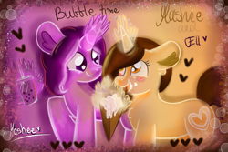 Size: 2160x1440 | Tagged: safe, artist:mashee, oc, oc only, oc:ell, oc:mashee, pony, unicorn, blushing, bubble tea, cute, drink, duo, duo female, female, food, heart, horn, magic, ponysona, smiling, together, together forever, waffle