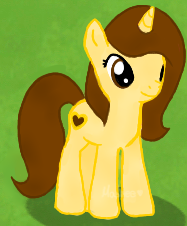 Size: 187x226 | Tagged: safe, gameloft, oc, oc only, oc:mashee, pony, unicorn, brown mane, green background, heart, horn, mlp game, remake, shadow, solo, yellow coat