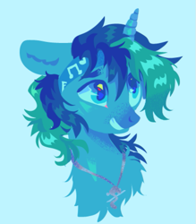 Size: 585x667 | Tagged: safe, artist:kreeeeeez, oc, oc only, oc:rocky blues, unicorn, blue background, bust, commission, commissioner:legionofblues, cyan background, headband, horn, jewelry, male, music notes, pendant, portrait, simple background, solo, stallion, unicorn oc