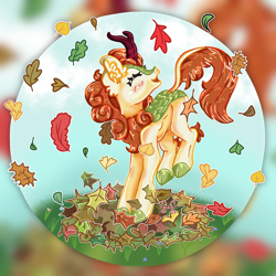 Size: 1280x1280 | Tagged: safe, artist:niveria25, autumn blaze, kirin, g4, autumn, autumn leaves, awwtumn blaze, blushing, cloven hooves, cute, eyes closed, female, leaves, mare, open mouth, open smile, outdoors, prancing, smiling, solo