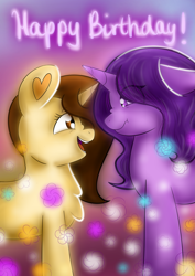 Size: 2893x4092 | Tagged: safe, artist:mashee, blue belle (g5), minty (g5), snuzzle (g5), oc, oc:ell, oc:mashee, pony, unicorn, g5, birthday, blushing, colored, confused, dream, dreamlands, duo, duo female, female, happy, happy birthday, heart ears, horn, light, nose wrinkle, smiling, surprised, together, together forever