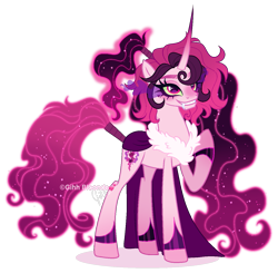 Size: 1277x1254 | Tagged: safe, artist:gihhbloonde, oc, oc only, unnamed oc, pony, unicorn, cape, clothes, colored horn, colored sclera, curved horn, ethereal mane, ethereal tail, fangs, female, fur collar, gradient horn, gradient legs, gradient mane, gradient tail, green sclera, grid adoptable, grin, hoof on chest, horn, mare, offspring, parent:king sombra, parent:pinkie pie, parents:sombrapie, ponytail, simple background, slender, smiling, solo, sombra eyes, sombra horn, sparkly mane, sparkly tail, standing, starry mane, starry tail, tail, tall, thin, transparent background, unicorn oc