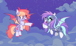 Size: 9480x5851 | Tagged: safe, artist:kojibiose, oc, oc only, oc:snoozy star, oc:starry love, bat pony, pony, g4, chest fluff, cloud, duo, duo female, female, flying, mare, outdoors, sky