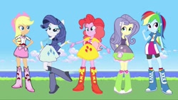 Size: 1280x720 | Tagged: safe, applejack, fluttershy, pinkie pie, rainbow dash, rarity, equestria girls, g4, belt, boots, clothes, cowboy boots, cowboy hat, hat, high heel boots, humane five, jacket, outdoors, polka dot socks, rainbow socks, shirt, shoes, skirt, socks, solo, striped socks, vest