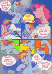 Size: 1448x2048 | Tagged: safe, artist:piesinful, pinkie pie, rainbow dash, earth pony, pegasus, pony, comic:unlucky day, fanfic:cupcakes, g4, cloud, comic, cupcake, dialogue, dream, duo, eating, escalator, female, flying, food, implied autocannibalism, implied cannibalism, mare, on a cloud, speech bubble