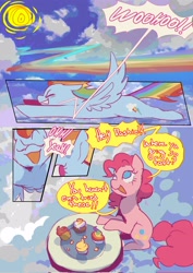 Size: 1448x2048 | Tagged: safe, artist:piesinful, pinkie pie, rainbow dash, earth pony, pegasus, pony, comic:unlucky day, fanfic:cupcakes, g4, cloud, comic, cupcake, dialogue, dream, duo, female, flying, food, mare, on a cloud, speech bubble, table