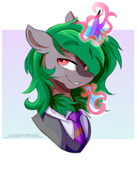 Size: 2000x2500 | Tagged: safe, artist:_candypone_, oc, oc only, oc:skywell, kirin, pony, bust, clothes, fire, fire breath, kirin oc, male, necktie, passepartout, portrait, smiling, solo, stallion, suit