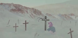 Size: 1731x857 | Tagged: safe, artist:tanatos, princess flurry heart, alicorn, g4, adult flurry heart, cemetery cross, cloak, clothes, cross, father and child, father and daughter, female, from behind, grave, graveyard, implied shining armor, male, mountain, older, sad, scenery, snow