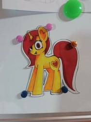 Size: 3120x4160 | Tagged: safe, artist:mashee, oc, oc only, oc:mashee, pony, unicorn, g4, brown mane, cheerful, colored, cute, female, happy, horn, magnet, mare, photo, solo, sticker, whiteboard, yellow coat