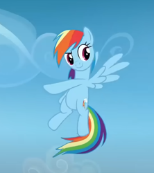 Size: 486x548 | Tagged: safe, screencap, rainbow dash, pegasus, pony, g4, my little pony: friendship is magic, top bolt, cropped, flying, outdoors, pointing, smiling, solo