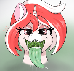 Size: 1600x1528 | Tagged: safe, artist:marbatra, oc, oc only, oc:peppermint swirl, drool, drool string, esophagus, gradient background, mawshot, open mouth, oral invitation, saliva puddle, salivating, slimy, solo, teeth, tongue out, uvula, wet tongue